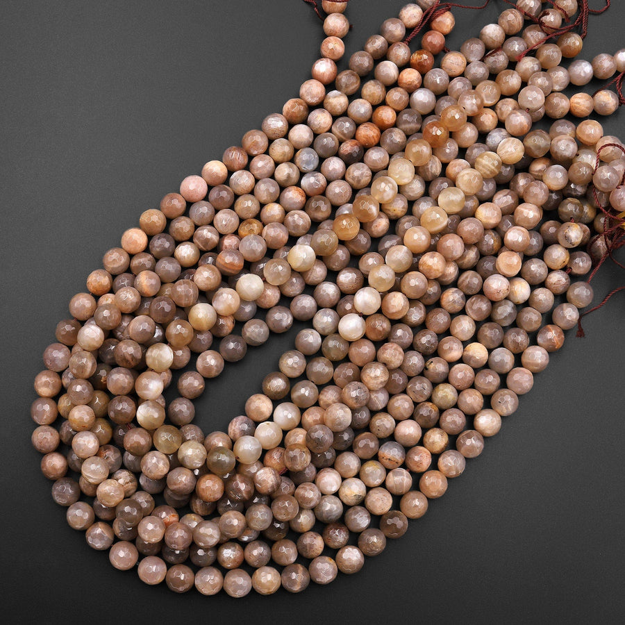 Faceted Natural Peach Moonstone 6mm 8mm Round Beads 15.5" Strand