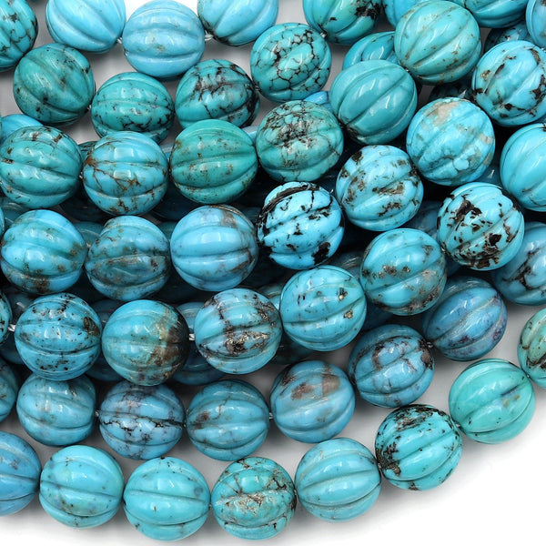 Hand Carved Real Genuine Natural Blue Turquoise 3D Melone 8mm Beads Choose from 5 pcs, 10 pcs, 16" strand