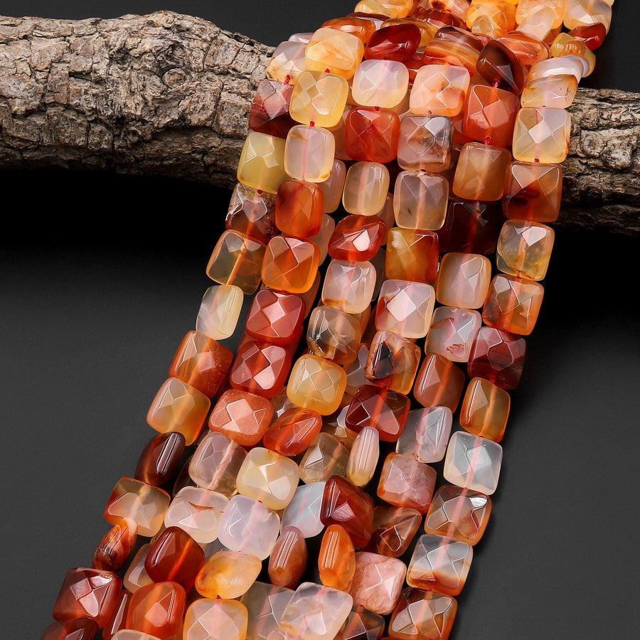 Natural Carnelian Faceted Square Cushion 12mm Beads Fiery Orange Red Gemstone 15.5" Strand