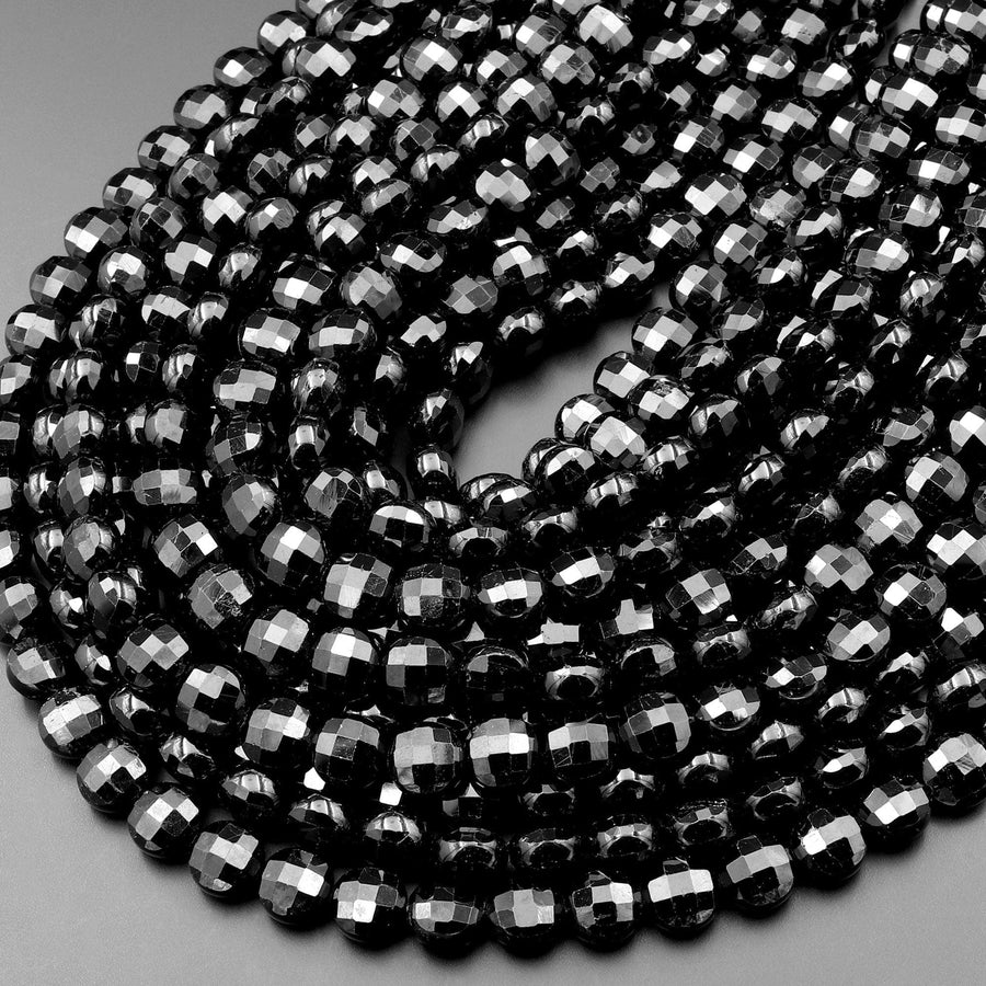 AAA Natural Black Tourmaline Faceted 6mm 8mm Coin Beads Gemstone 15.5" Strand