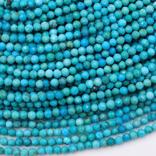AAA Natural Blue Turquoise 2mm 3mm Faceted Round Beads Real Genuine Micro Cut Gemstone 15.5" Strand