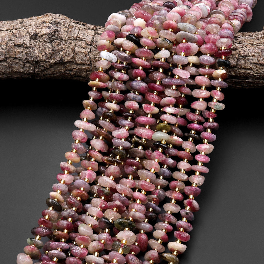 Natural Pink Tourmaline Beads Freeform Center Drilled Rondelle Disc Organic Cut Chip Nuggets 15.5" Strand
