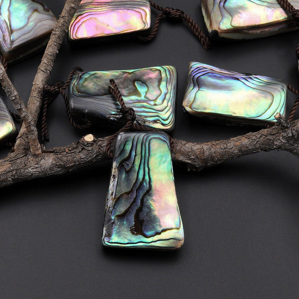 Real Natural Abalone Shell Trapezoid Pendant Rainbow Iridescent Peacock Blue Green Pink Purple Colors A3