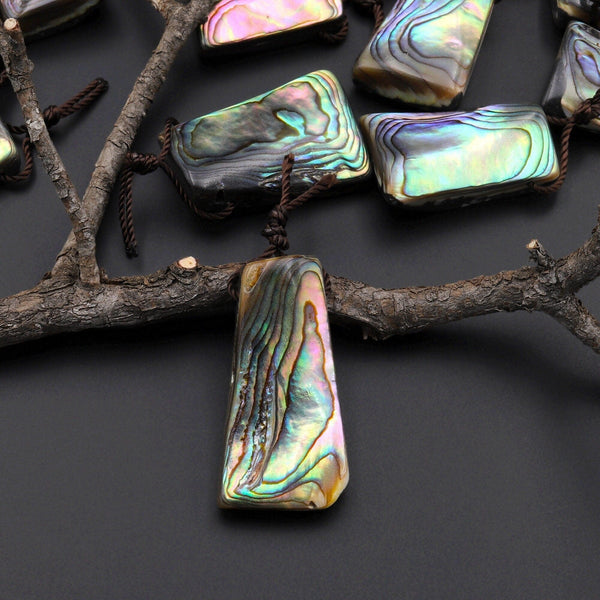 Real Natural Abalone Shell Trapezoid Pendant Rainbow Iridescent Peacock Blue Green Pink Purple Colors A2
