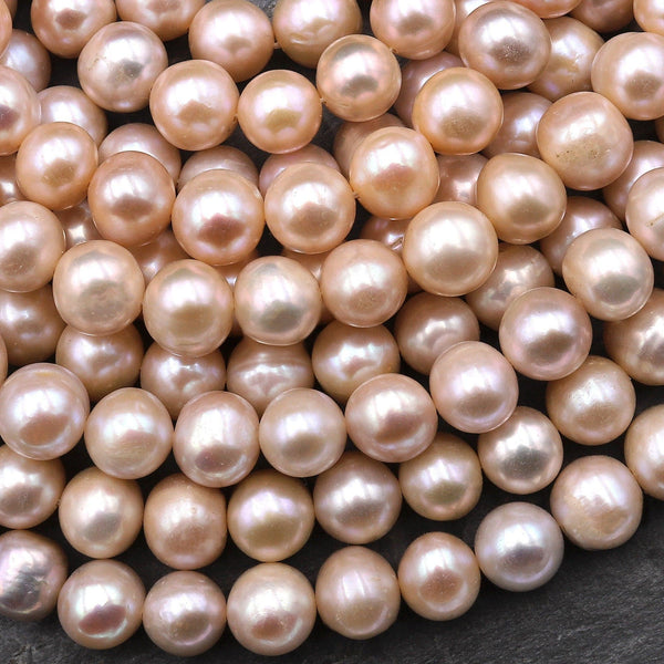 Genuine Natural Peach Pink Freshwater Pearl 9mm 10mm Round Shimmery Iridescent Classic Pearl 15.5" Strand