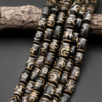Tibetan Agate Barrel Beads Dzi Symbolic Antique Boho Beads 15.5" Strand