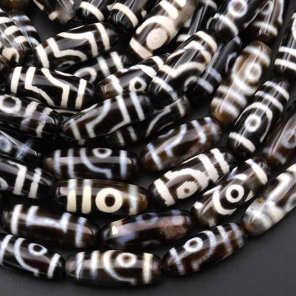 Large Tibetan Ghost Agate Cylinder Tube 28mm Beads Dzi Agate Brown Etched Eye Antique Boho Beads 15.5" Strand