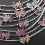 Hand Carved Natural Pink Purple Fluorite Flower Ribbon Bow Beads 3D