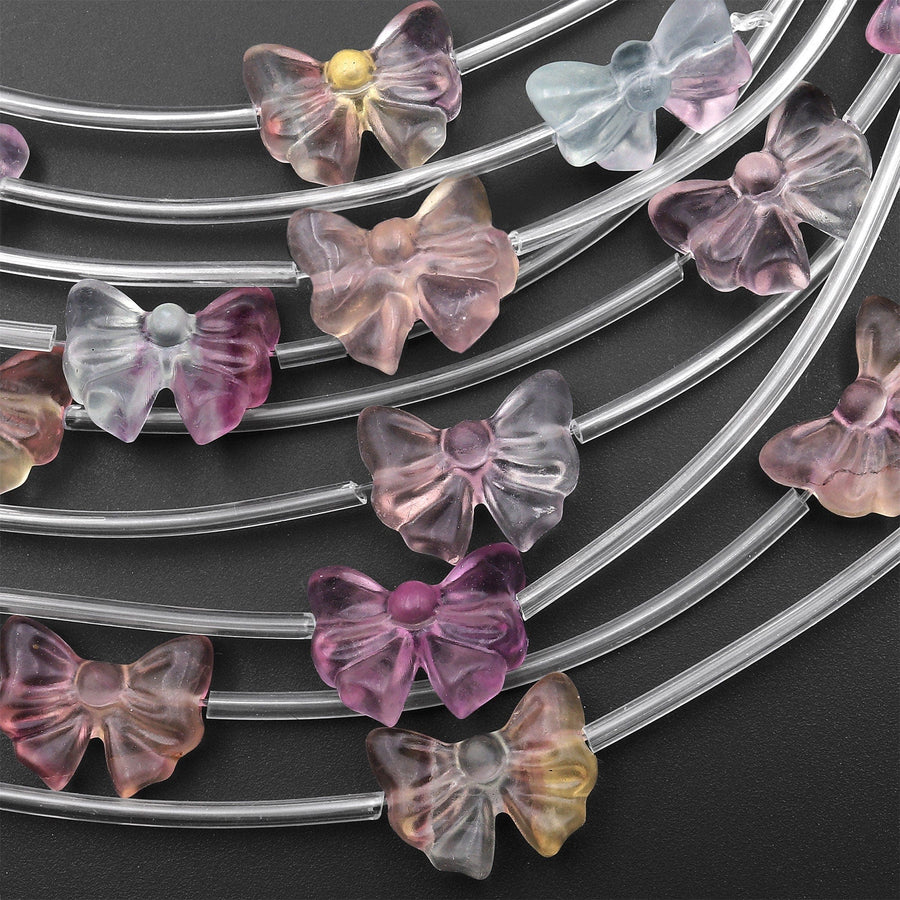 Hand Carved Natural Pink Purple Fluorite Flower Ribbon Bow Beads 3D