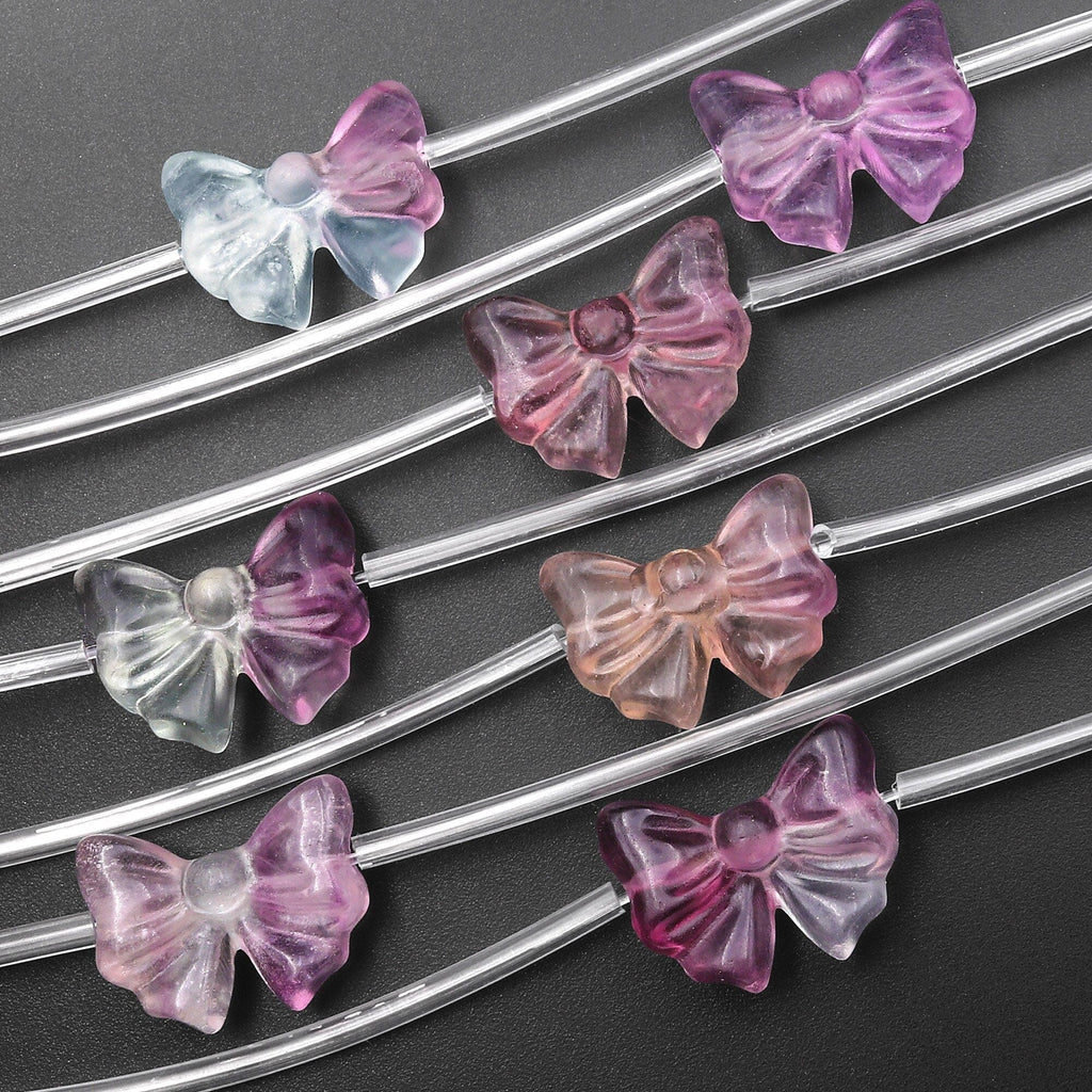 Hand Carved Natural Pink Purple Fluorite Flower Ribbon Bow Beads 3D