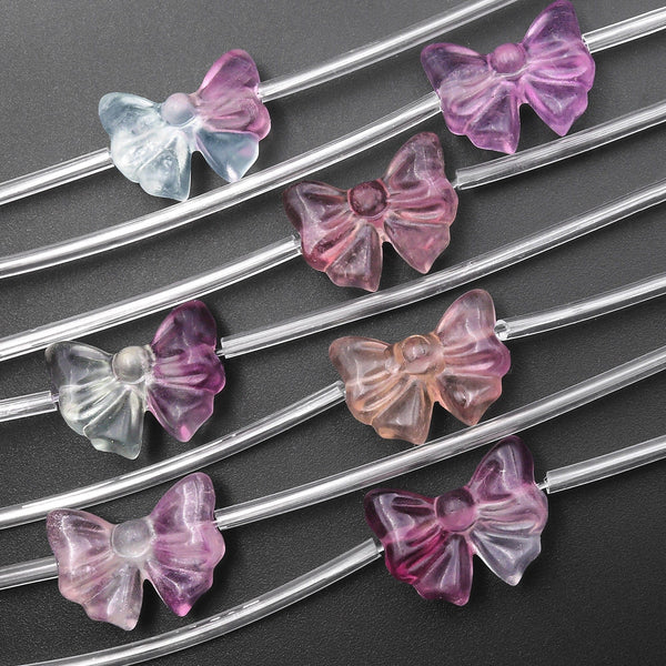 Hand Carved Natural Pink Purple Fluorite Flower Ribbon Bow Beads 3D