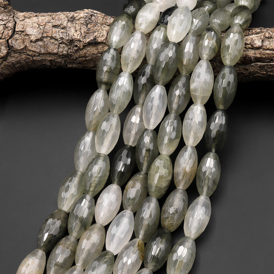 AAA Large Faceted Natural Green Actinolite In Quartz Beads Barrel Cylinder 15.5" Strand
