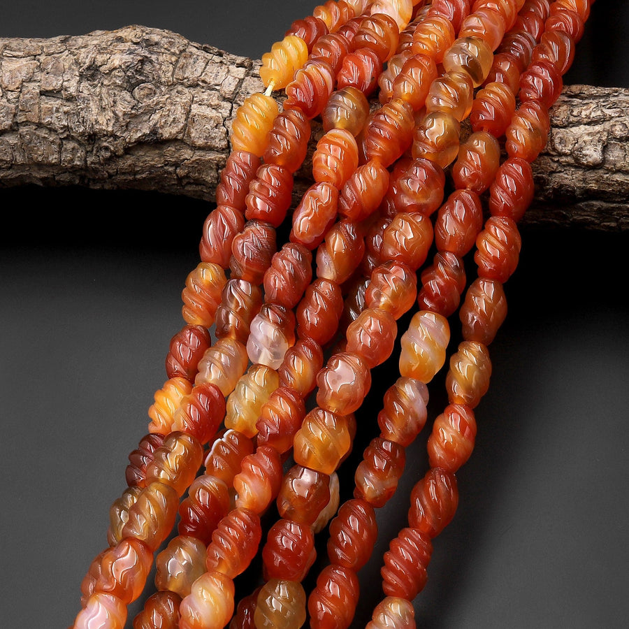 Carved Natural Orange Red Carnelian Barrel Gemstone Beads 15.5" Strand