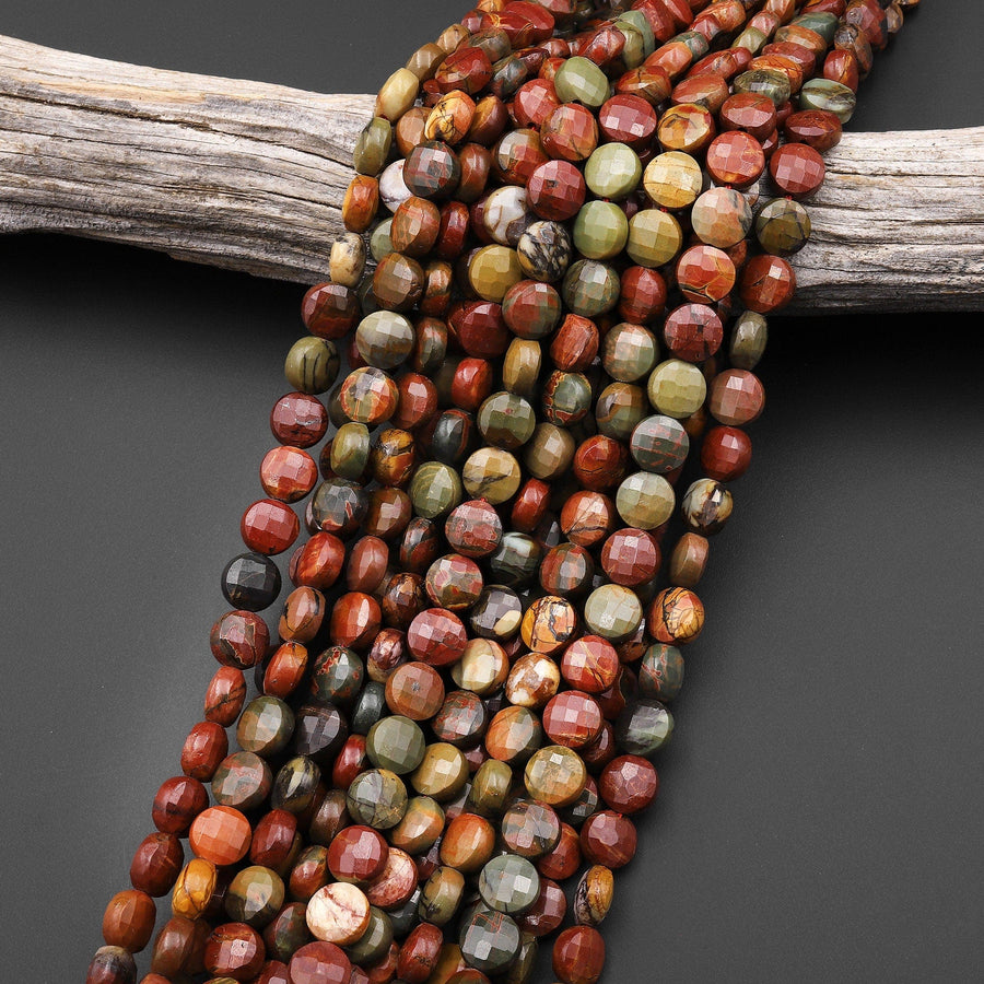 Faceted Natural Red Creek Jasper Bead 8mm 10mm Coin Earthy Red Green Yellow Brown Multi-color Picasso Jasper 15.5" Strand