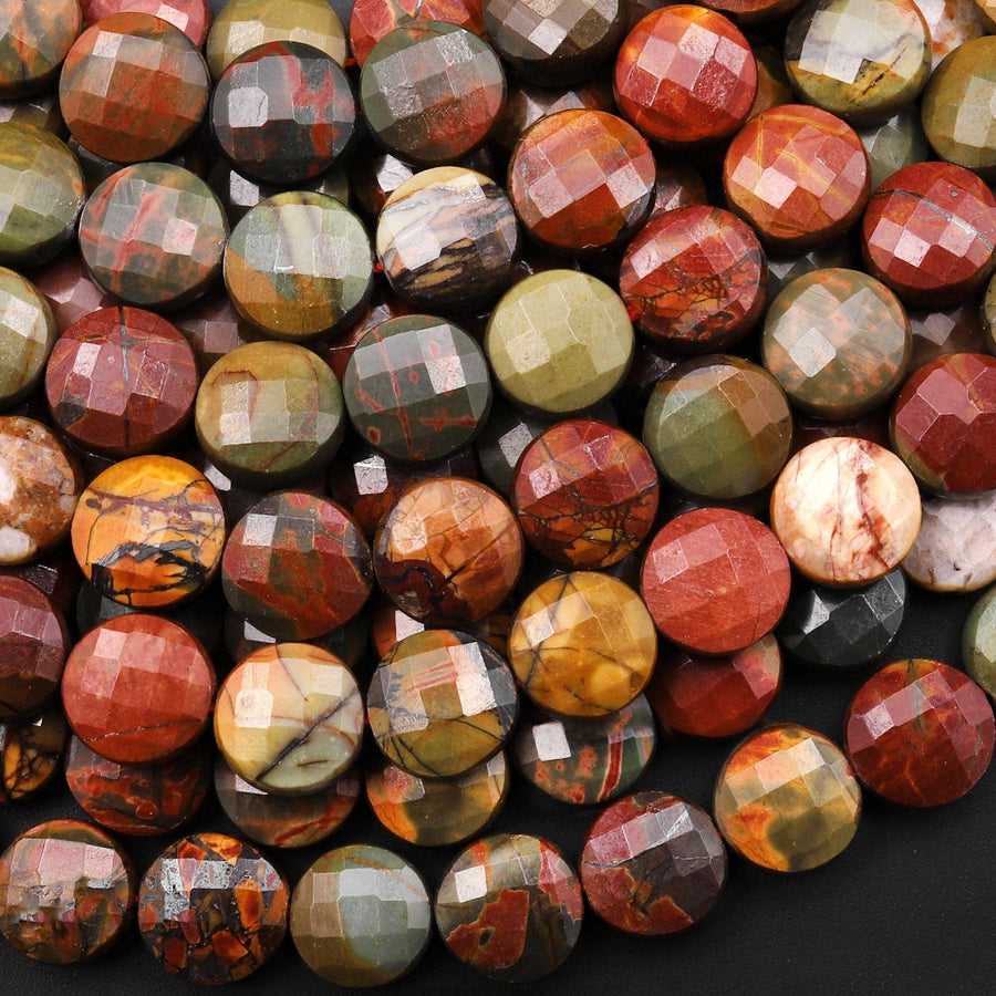 Faceted Natural Red Creek Jasper Bead 8mm 10mm Coin Earthy Red Green Yellow Brown Multi-color Picasso Jasper 15.5" Strand