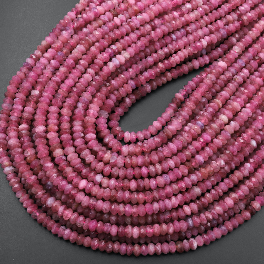 Faceted Natural Pink Tourmaline Thin Rondelle 4mm Beads Laser Diamond Cut Gemstone 15.5" Strand
