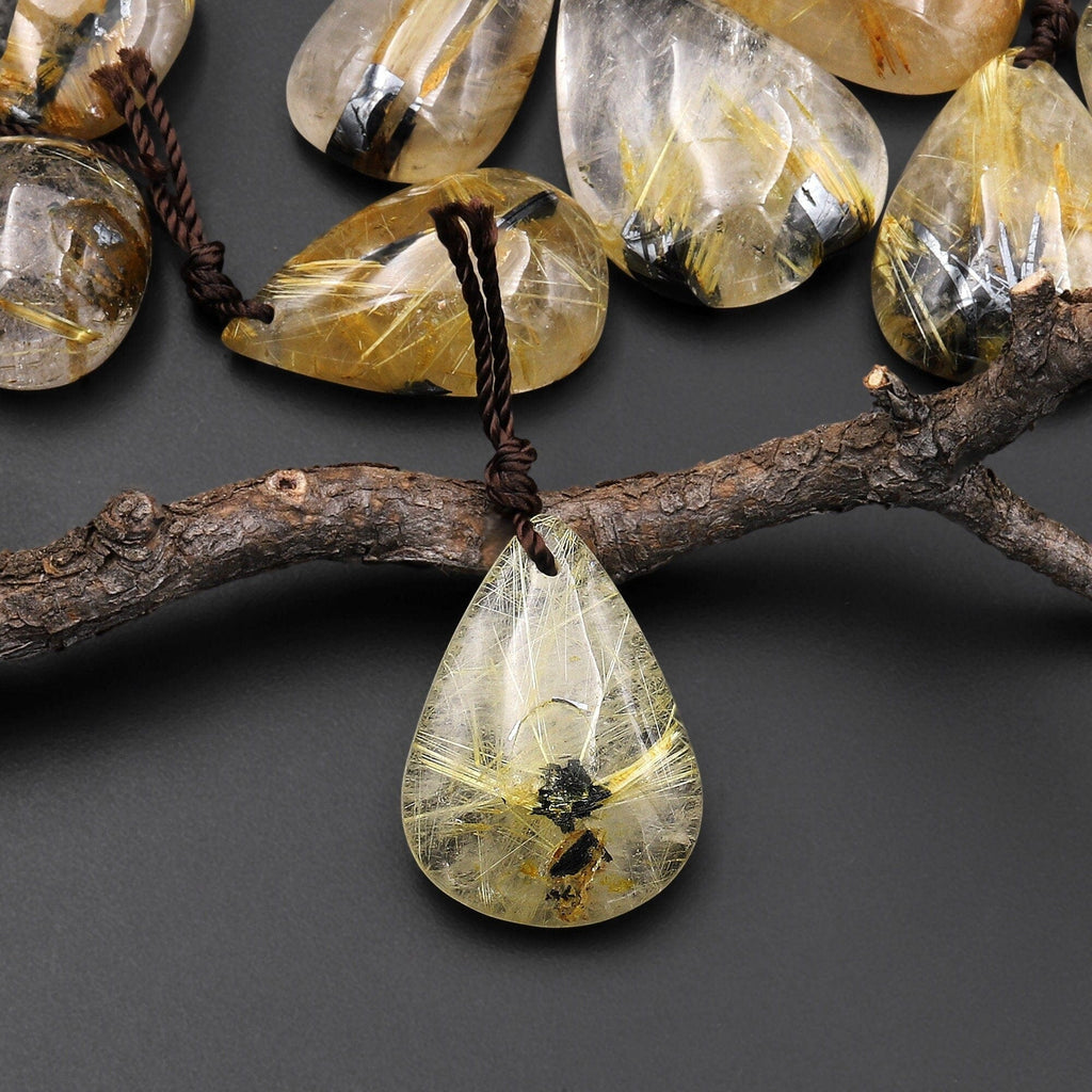 Natural Titanium Golden Hematite Rutilated Quartz Teardrop Pendant A1