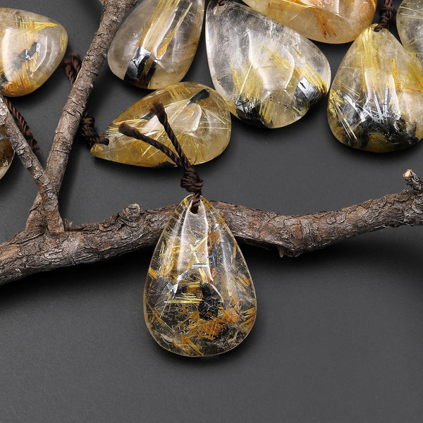 Natural Titanium Golden Hematite Rutilated Quartz Teardrop Pendant A2