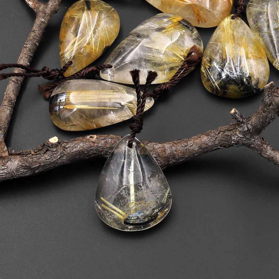 Natural Titanium Golden Hematite Rutilated Quartz Teardrop Pendant A3