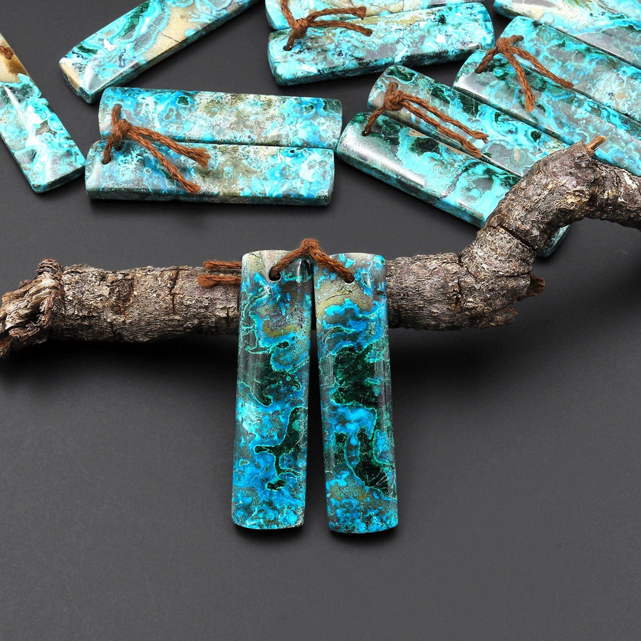 Natural Shattuckite Earring Pair Rectangle Matched Gemstone Beads Chrysocolla Azurite Malachite From Congo