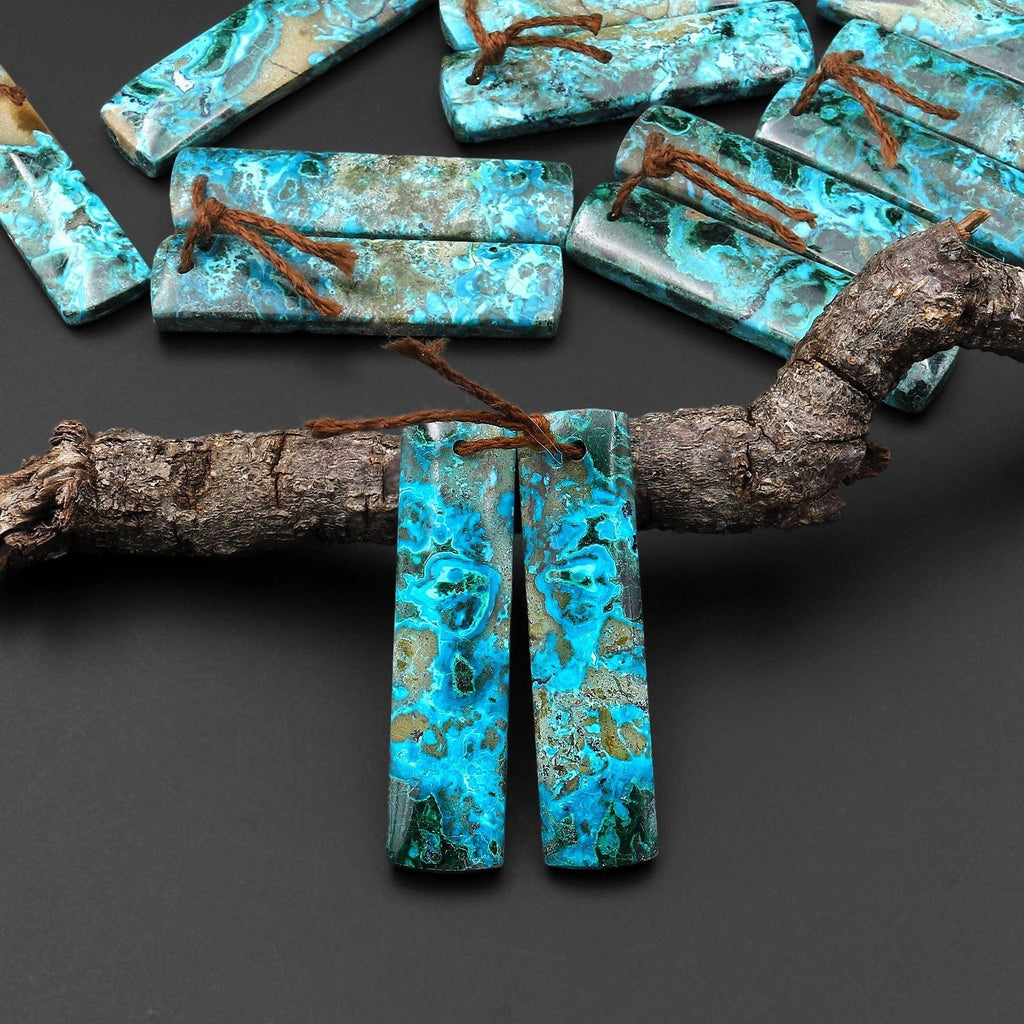Natural Shattuckite Earring Pair Rectangle Matched Gemstone Beads Chrysocolla Azurite Malachite From Congo A1
