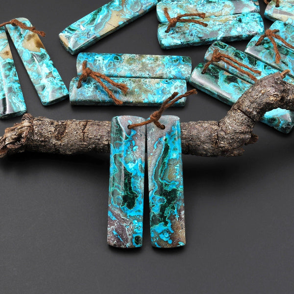 Natural Shattuckite Earring Pair Rectangle Matched Gemstone Beads Chrysocolla Azurite Malachite From Congo A3