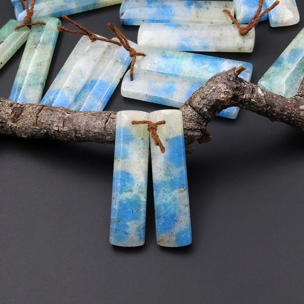 Rare Natural Blue Azurite in Calcite Rectangle Earring Pair Matched Gemstone Beads from Pakistan Afghanistan Where K2 is Found A1