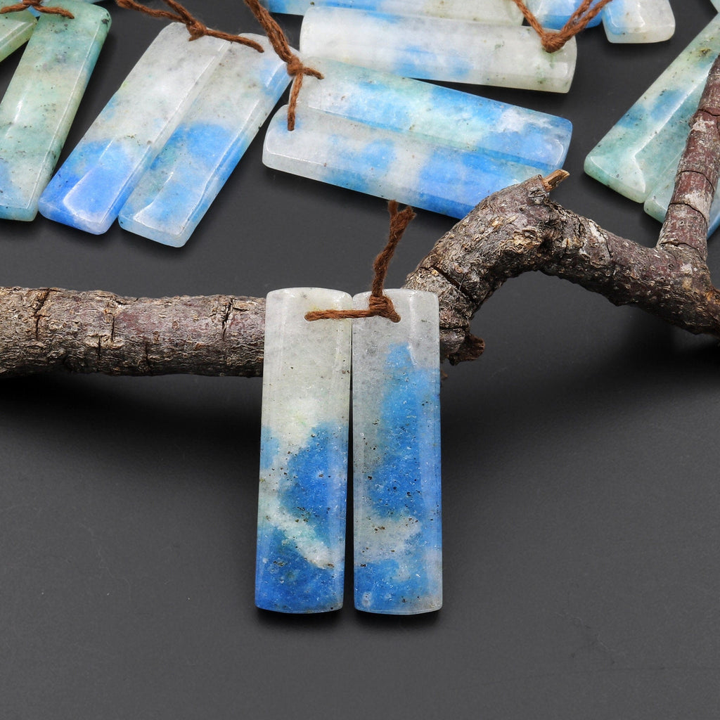 Rare Natural Blue Azurite in Calcite Rectangle Earring Pair Matched Gemstone Beads from Pakistan Afghanistan Where K2 is Found A3