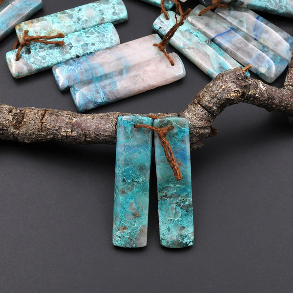 Natural Chrysocolla in Quartz Rectangle Earring Pair Matched Cabochon Gemstone Beads A4