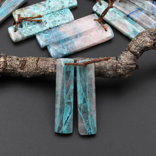 Natural Chrysocolla in Quartz Rectangle Earring Pair Matched Cabochon Gemstone Beads A5