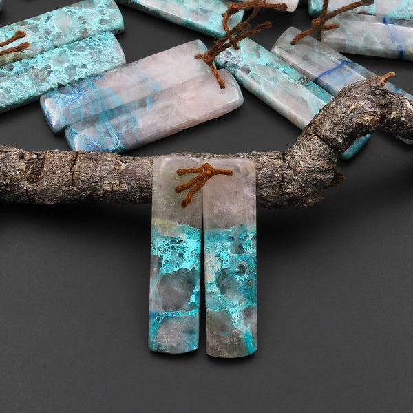 Natural Chrysocolla in Quartz Rectangle Earring Pair Matched Cabochon Gemstone Beads A7