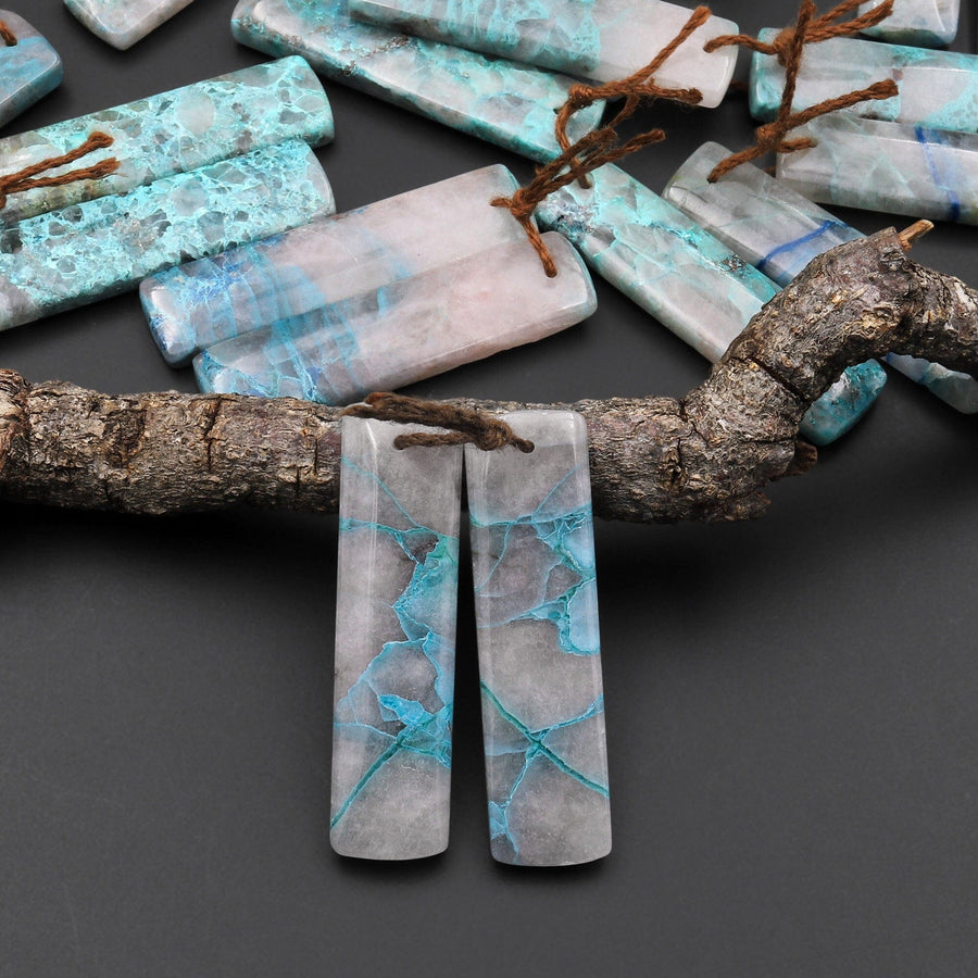 Natural Chrysocolla in Quartz Rectangle Earring Pair Matched Cabochon Gemstone Beads A8