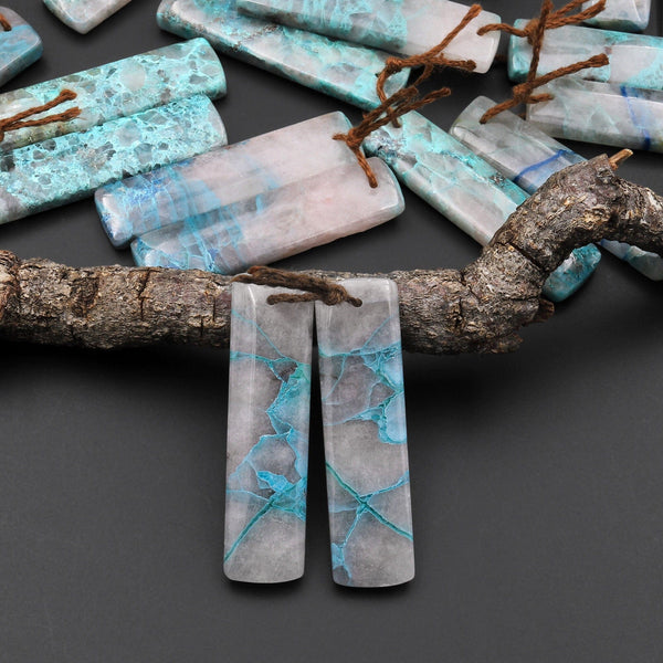 Natural Chrysocolla in Quartz Rectangle Earring Pair Matched Cabochon Gemstone Beads A8