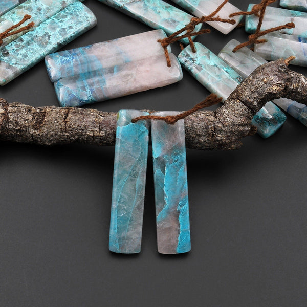 Natural Chrysocolla in Quartz Rectangle Earring Pair Matched Cabochon Gemstone Beads A9