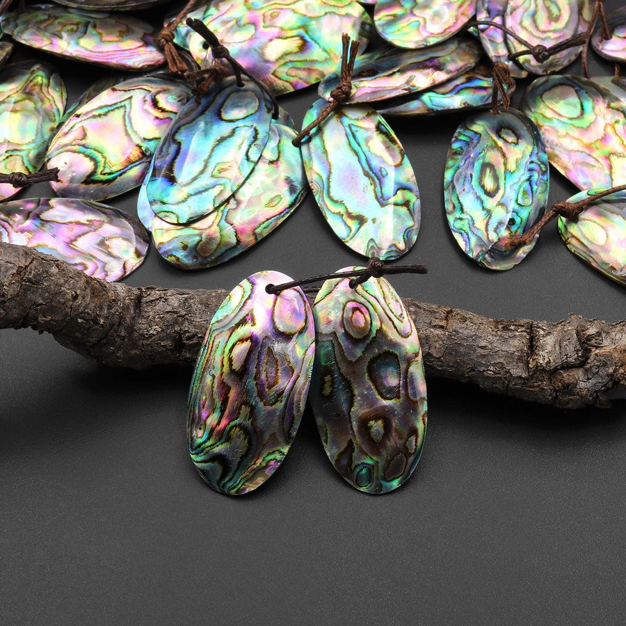 Natural Rainbow Abalone Oval Earring Pair Drilled Matched Gemstone Bead Pair