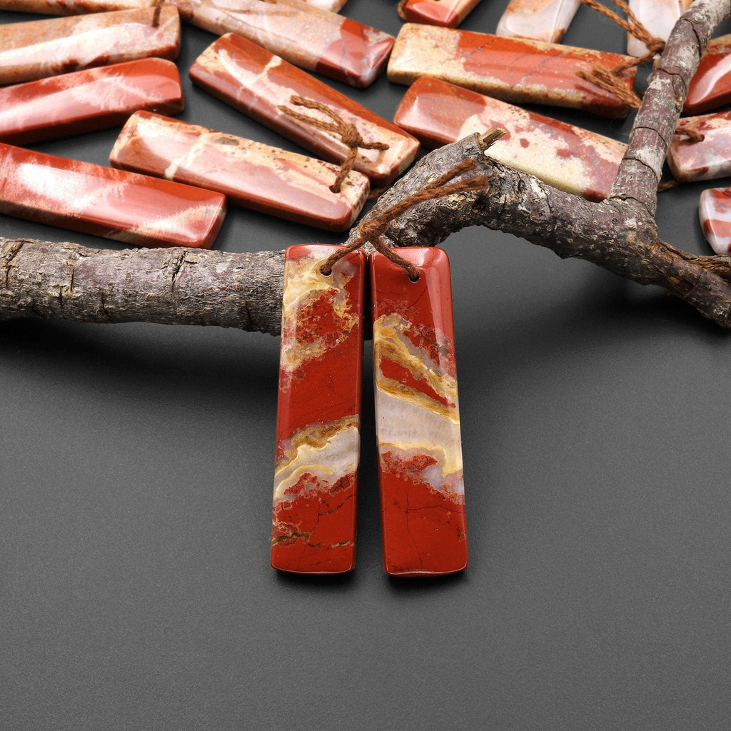 Natural Red River Jasper Rectangle Earring Pair Cabochon Cab Pair Drilled Matched Earrings Bead Pair A1