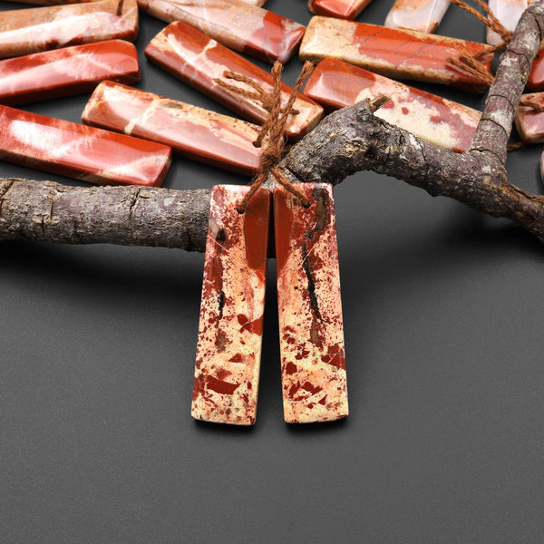 Natural Red River Jasper Rectangle Earring Pair Cabochon Cab Pair Drilled Matched Earrings Bead Pair A2