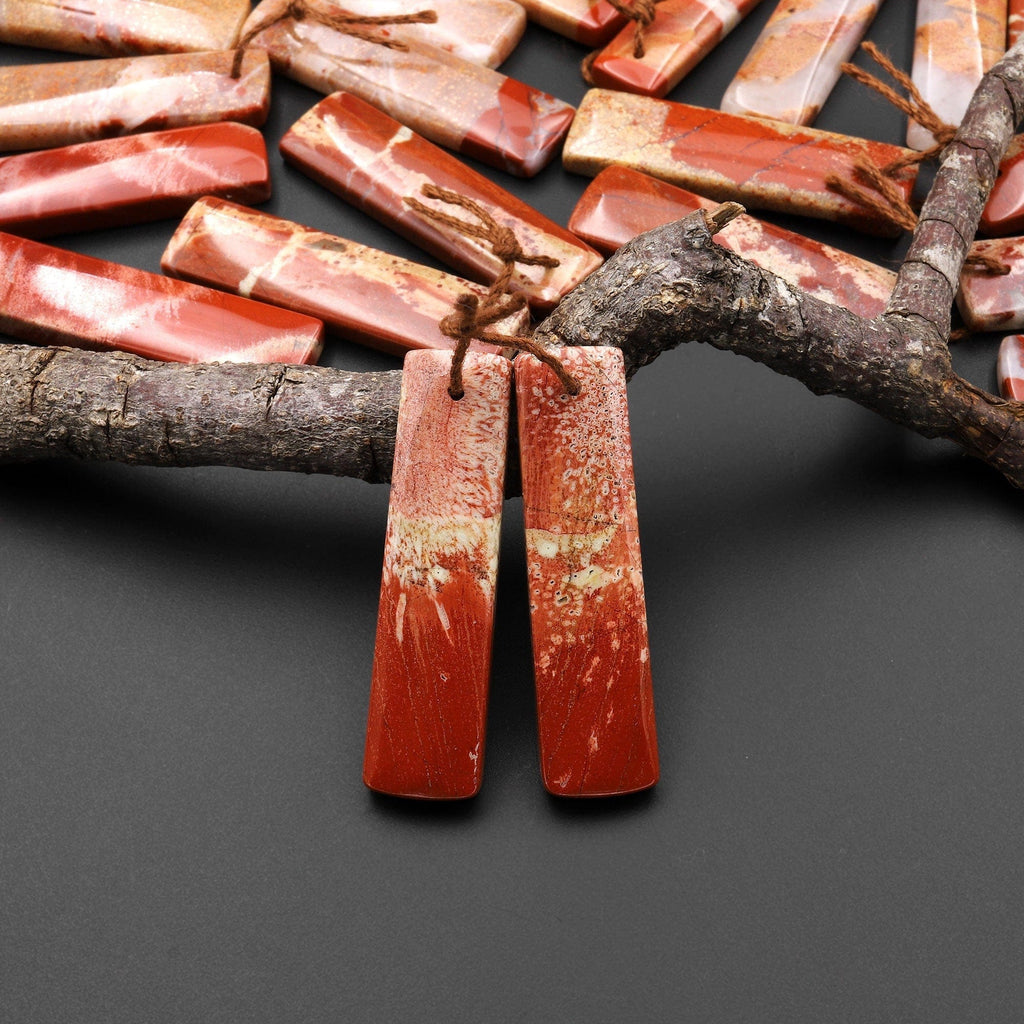 Natural Red River Jasper Rectangle Earring Pair Cabochon Cab Pair Drilled Matched Earrings Bead Pair A3