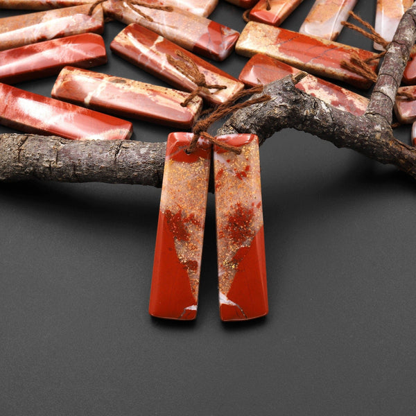 Natural Red River Jasper Rectangle Earring Pair Cabochon Cab Pair Drilled Matched Earrings Bead Pair A4