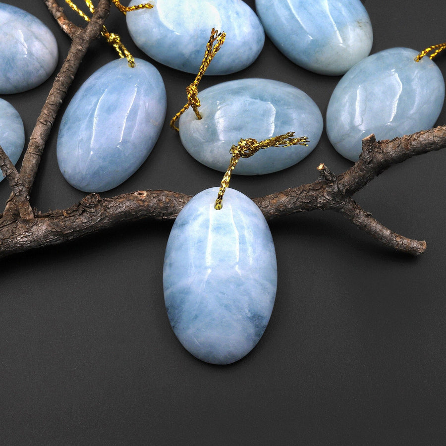 Natural Soft Blue Aquamarine Oval Pendant Gemstone A3