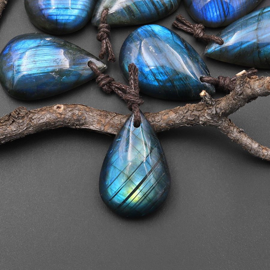 AAA Natural Blue Labradorite Teardrop W/ Stripes Front Drilled Pendant A3