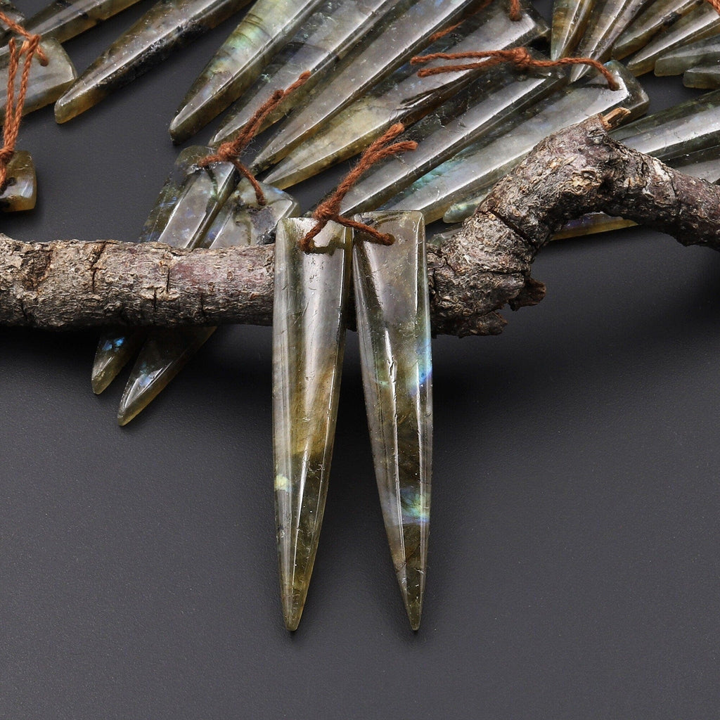 Drilled Labradorite Long Triangle Dagger Pair Matched Natural Gemstone Bead Cab A22