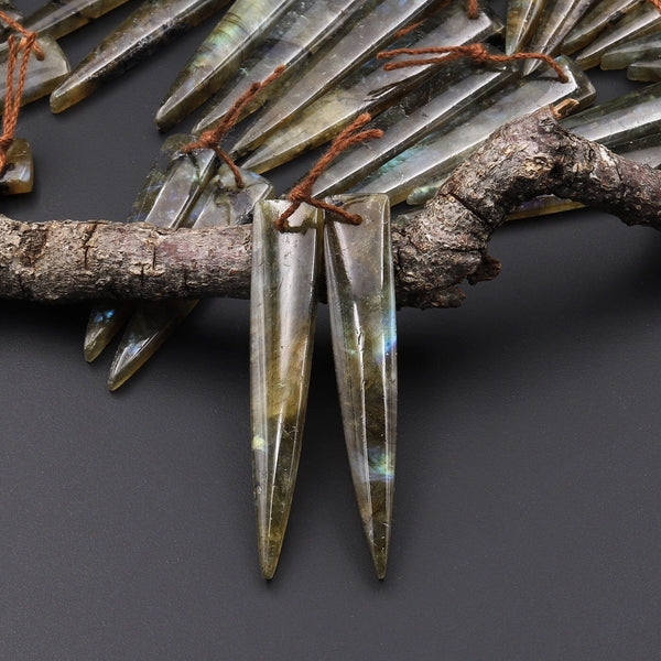 Drilled Labradorite Long Triangle Dagger Pair Matched Natural Gemstone Bead Cab A22