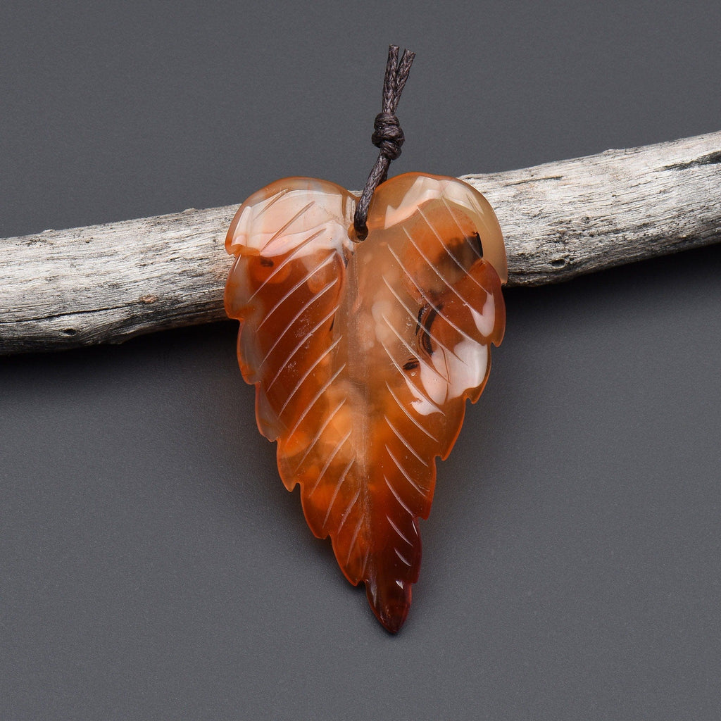 Hand Carved Natural Carnelian Leaf Pendant Focal Bead Drilled Gemstone OP2114