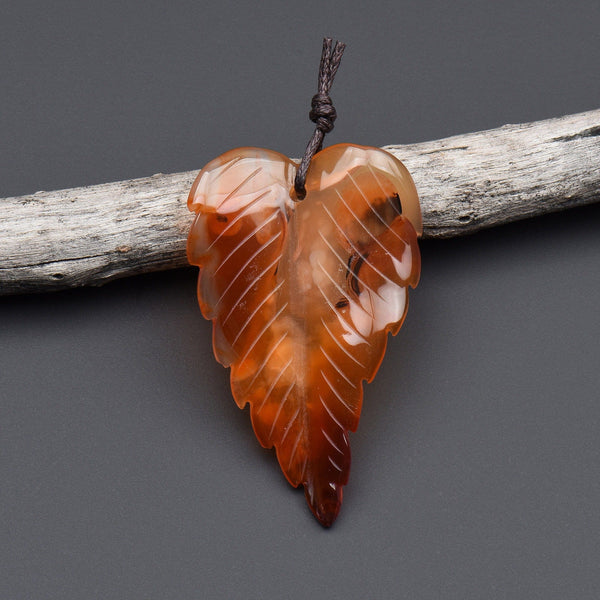 Hand Carved Natural Carnelian Leaf Pendant Focal Bead Drilled Gemstone OP2114