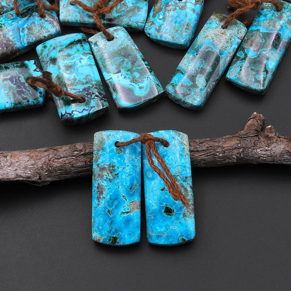 Natural Shattuckite Earring Pair Short Rectangle Matched Gemstone Beads Chrysocolla Azurite Malachite From Congo A2