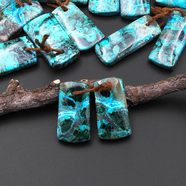 Natural Shattuckite Earring Pair Short Rectangle Matched Gemstone Beads Chrysocolla Azurite Malachite From Congo A3
