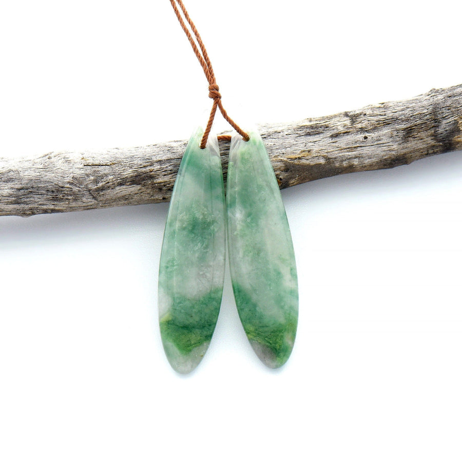 Natural African Green Jade Earring Drilled Gemstone Teardrop Matched Bead Pair OP2523