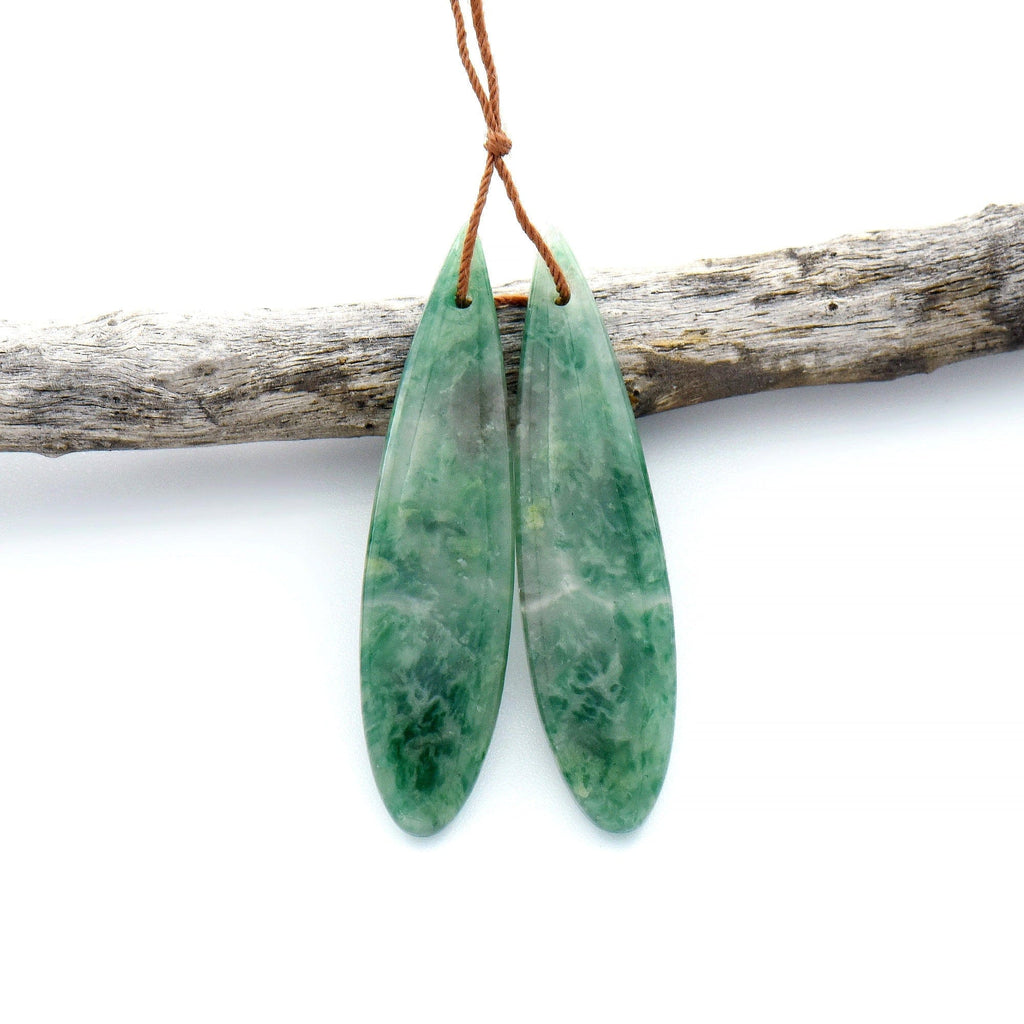 Natural African Green Jade Earring Drilled Gemstone Teardrop Matched Bead Pair OP2524