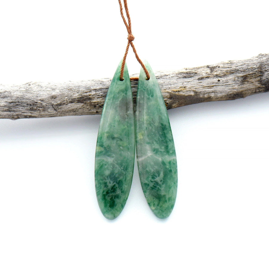 Natural African Green Jade Earring Drilled Gemstone Teardrop Matched Bead Pair OP2524